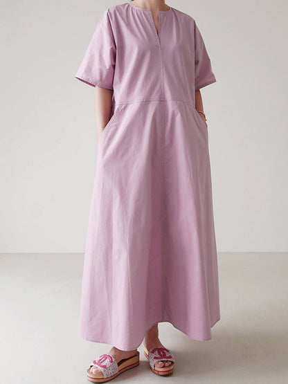 Casual Loose Solid Color Pleated V-Neck Half Sleeves Midi Dress
