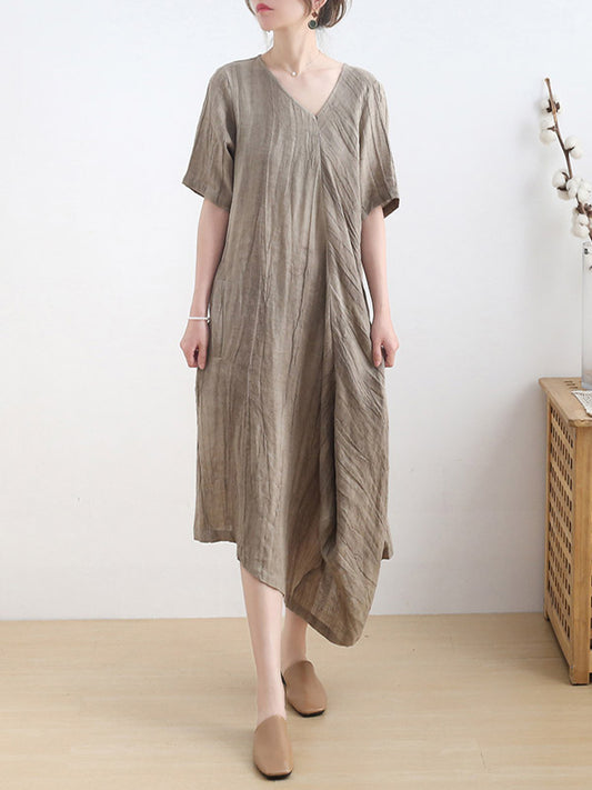Vintage Ramie Cotton Loose Irregular Solid Color Pleated V-Neck Half Sleeves Midi Dress