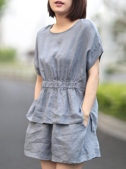 Loose Solid T-Shirt + Wide Leg Shorts Suit