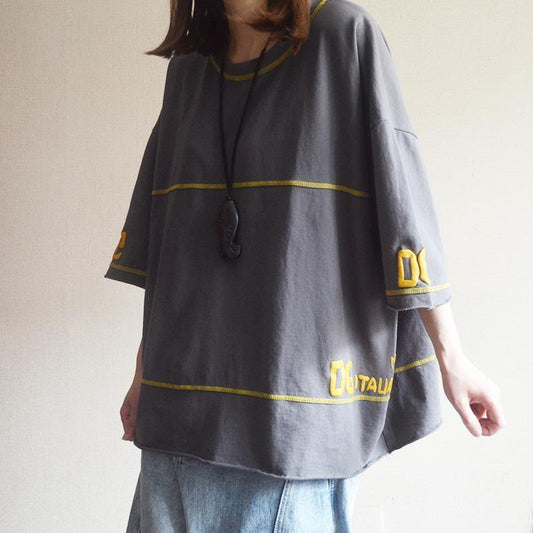Cotton Round Neck Spliced Letter Casual Blouse