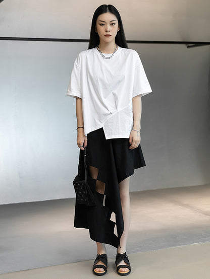Stylish White Round-Neck Asymmetric Split-Joint T-Shirt