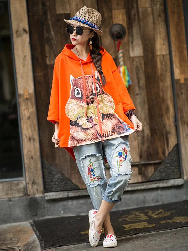Loose Vintage Squirrel Print Hoodies