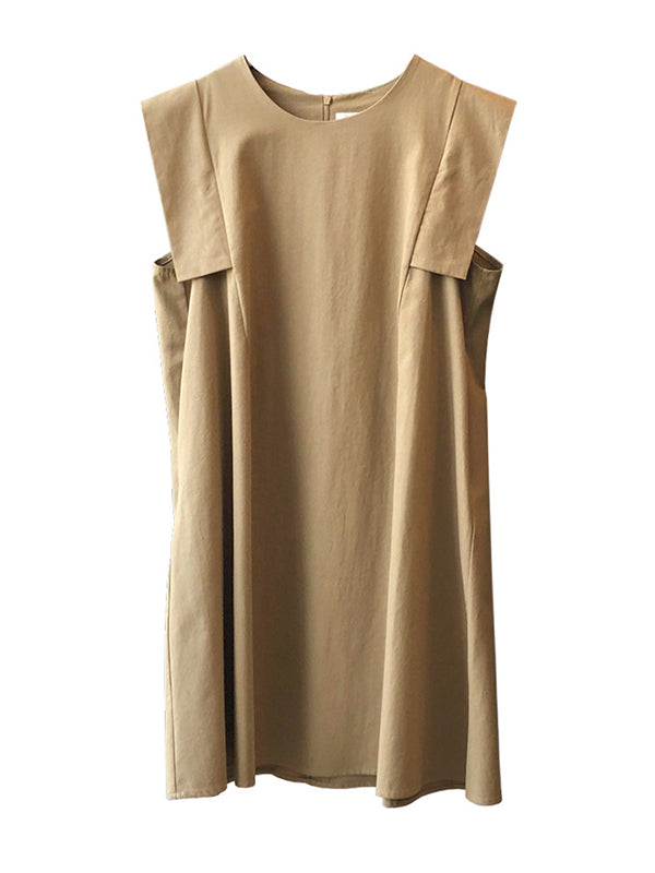 Casual Split-Joint Solid Color Round-Neck Sleeveless Mini Dress
