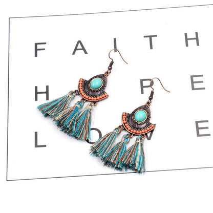 Buykud Bohemian Style Casual Turquoise Tassel Earrings