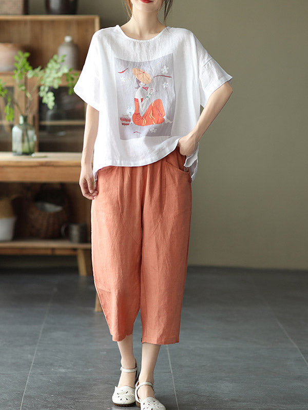 Ramie Cotton Printing Round-Neck T-Shirts Tops