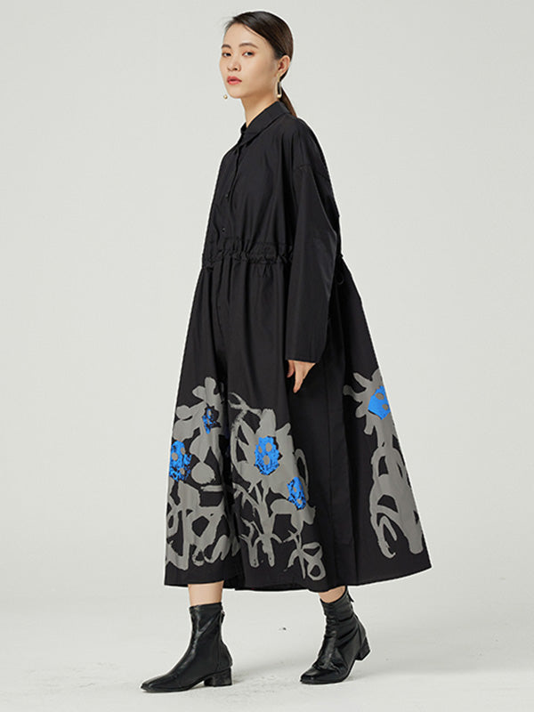 Casual Buttoned Printed Lapel Long Sleeves Midi Dress