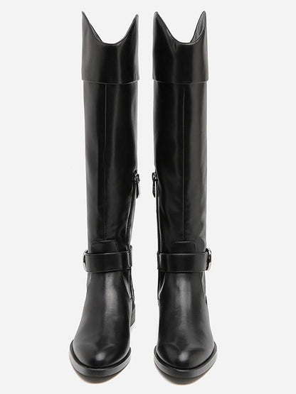Solid Side-zipper Low Heels Leather Knee Boots