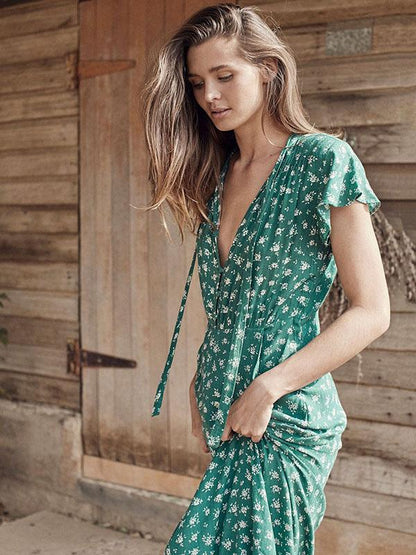 Printed Bow-embellished V-neck Maxi Dress