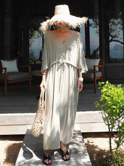 Loose Gray V-neck Elastic Waist Long Dress