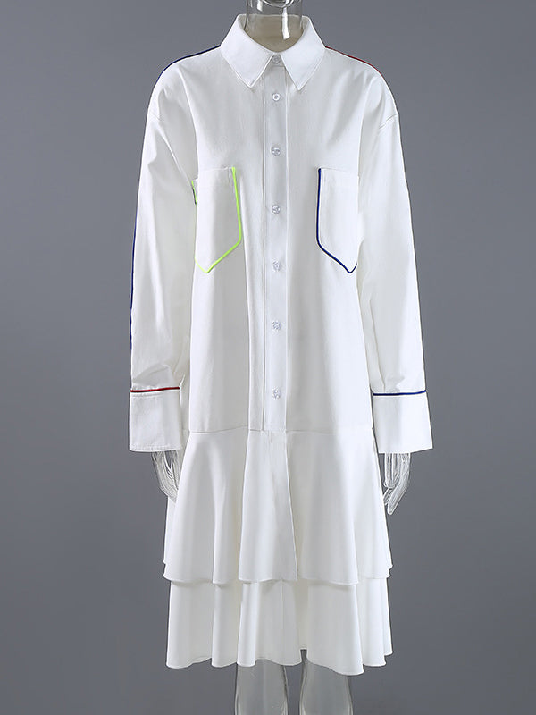Original Falbala Pleated Split-Joint With Pocket Buttoned Lapel Collar Long Sleeves Midi Shirt Dress