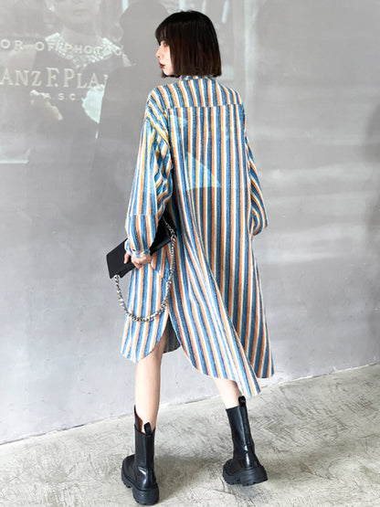 Original Stylish Striped Contrast Color Tied Buttoned Split-Side Lapel Collar Long Sleeves Midi Shirt Dress