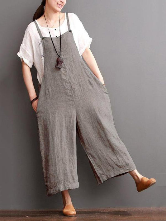 Gray Linen Wide Leg Loose Jumpsuits