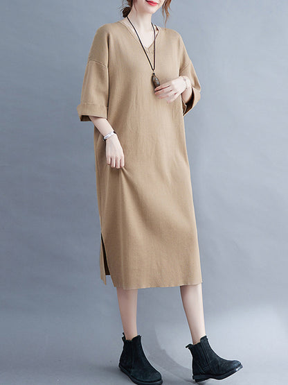 Urban Solid Color V-Neck Split-Side Knitting H-Line Sweater Dress