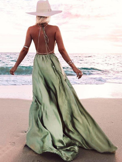 Halter-neck Backless Waisted Maxi Dress