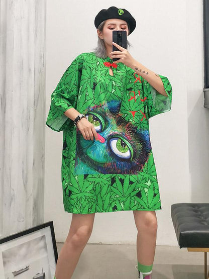 Oversize Printed Green Dress