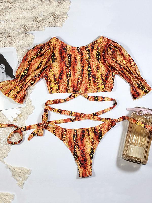 V-Neck Bandage Short Sleeves Printing Bikini Swimsuit