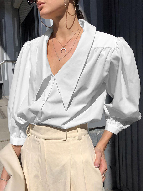 Urban Solid Color Split-Joint Pleated Lapel Collar Bishop Sleeves Shirt