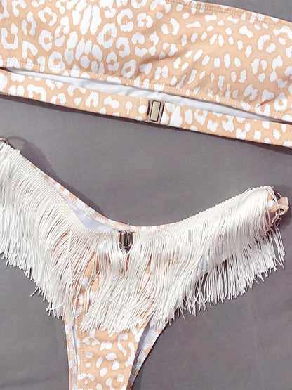 Strapless Tassels Leopard Print Bikini Swimsuit