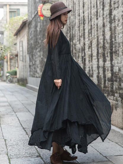 Cotton Solid Split-joint Ramie Cotton Big Hemline Long Dress