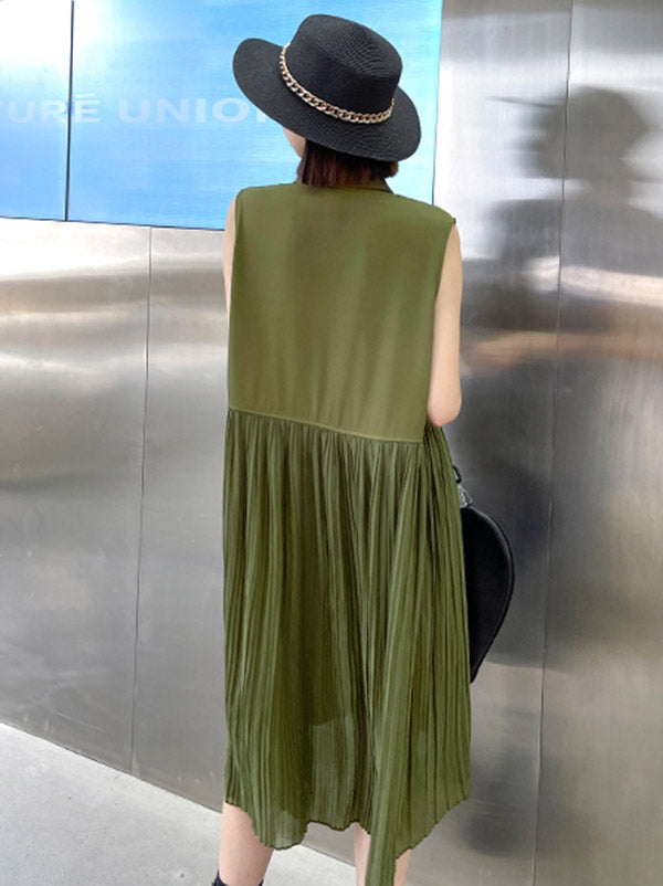 Fashion Split-Joint Pleated Sleeveless Lapel H-Line Midi Dress