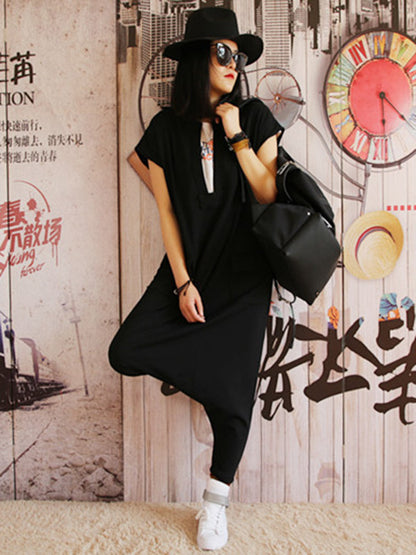 Casual Cool Solid Color Pleated V-Neck Short Sleeves Wide Legs Jumpsuit