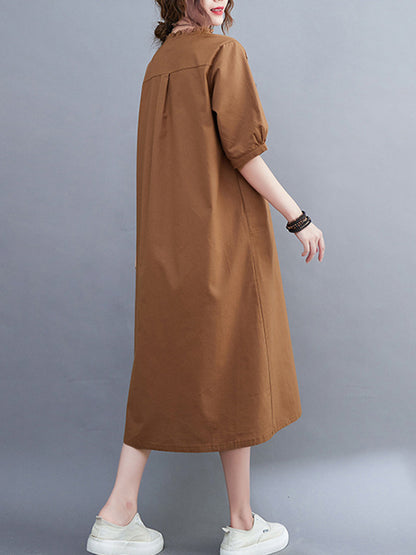Simple Casual Artistic Retro Loose Solid Color Falbala Ramie Cotton Midi Dress