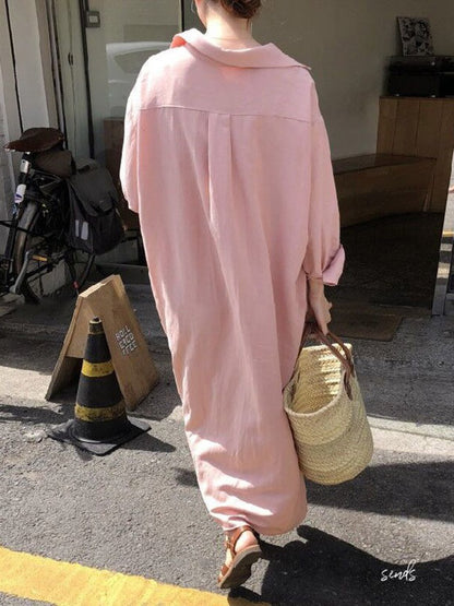 Simple Loose Casual Solid Color Buttoned Split-Side Lapel Collar Long Sleeves Midi Shirt Dress