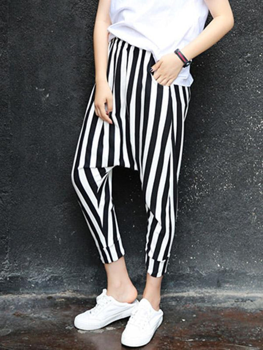 Casual Striped Pockets Harem Pants Bottoms