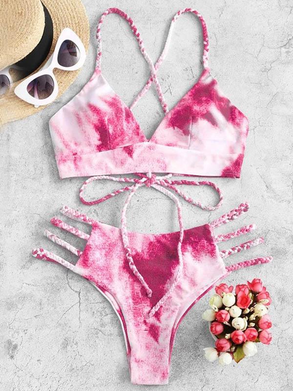Tie-Dyed Bandage Backless Split Bikini Swimsuit