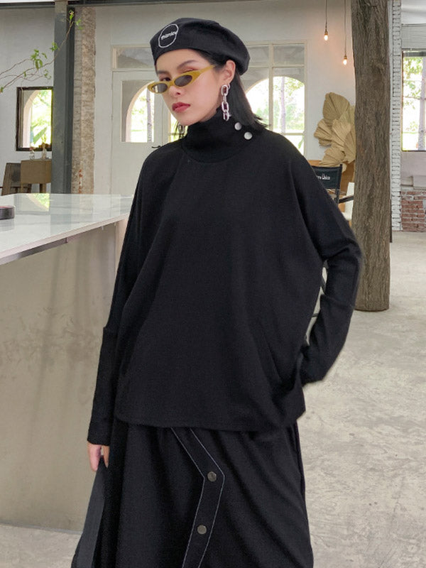 Stylish Selection Long Sleeves Buttoned Split-Side High-Neck Sweatshirt Tops