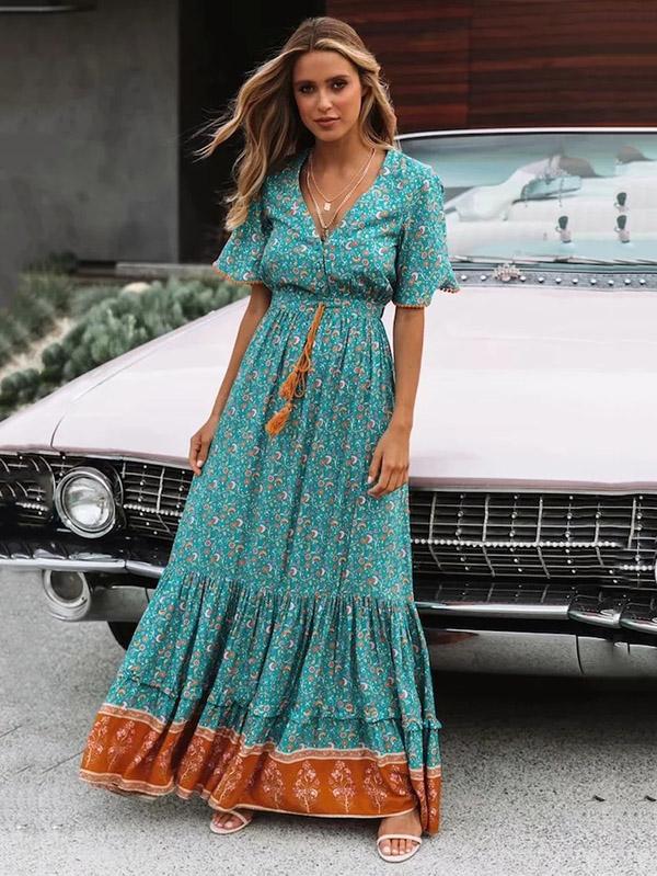 Printed V-neck Maxi Dresses