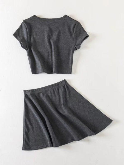Ribbed Short Sleeve Crop Tees And Skirts Suits