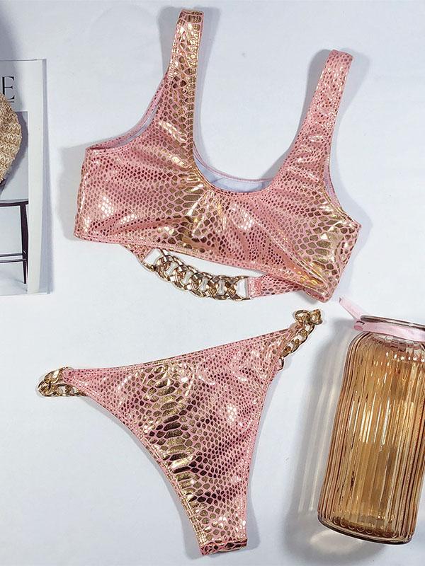Snake-Print Chain Embellished Split Bikini Swimsuit