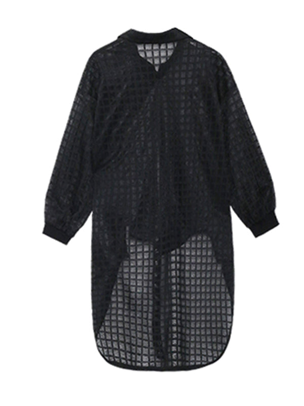 Stylish See-Through Buttoned High-Low Lapel Outerwear