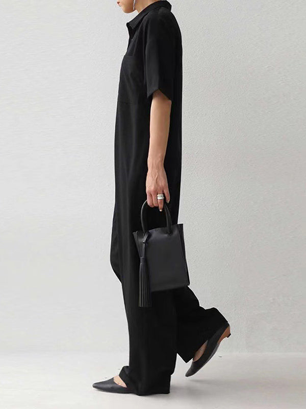 Casual Solid Color Buttoned Lapel Collar Half Sleeves Wide Leg Jumpsuits
