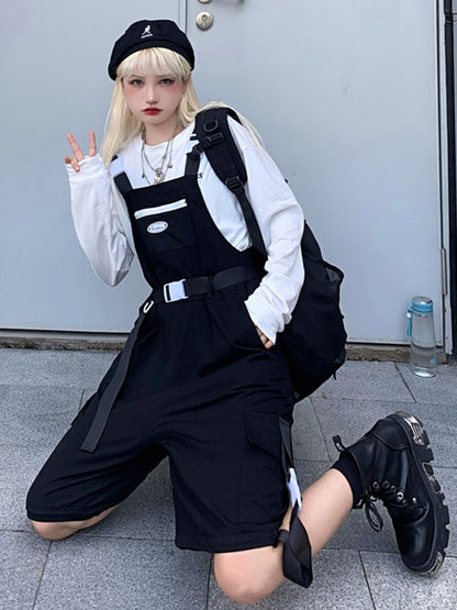 Cool Street Split-Joint With Pocket Zipper Printed Square-Neck Wide Legs Overalls
