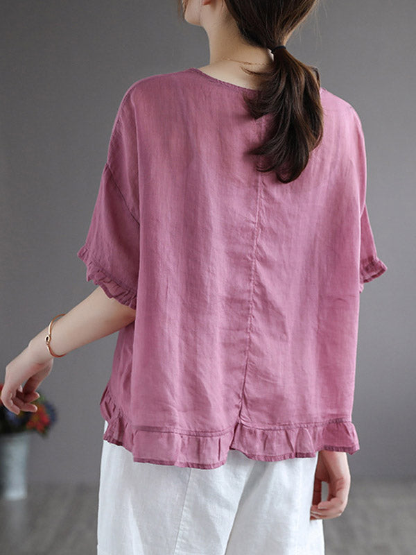 Ramie Cotton Embroidered Round-Neck T-Shirts Tops