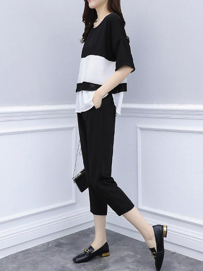 Chiffon Office Loose Elastic Waist White Black Suit