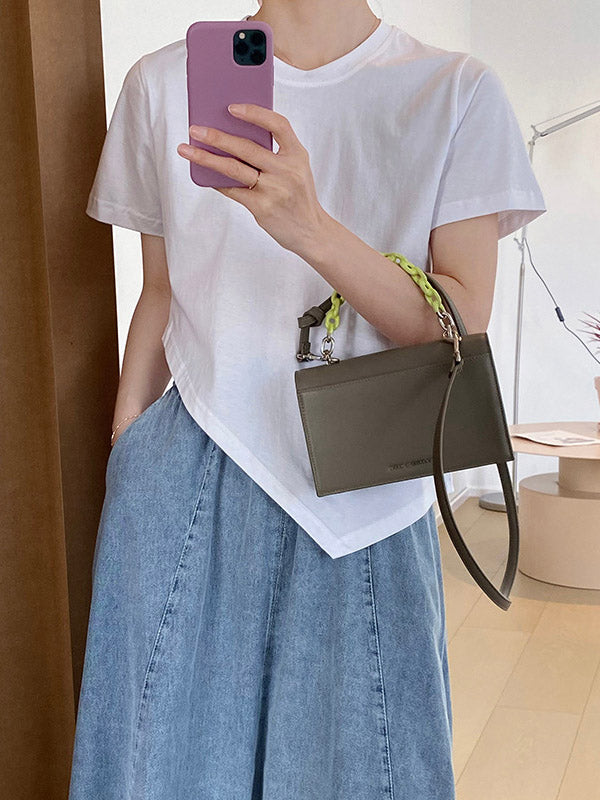 Casual Solid Color Asymmetric Round-Neck Short Sleeves T-Shirt