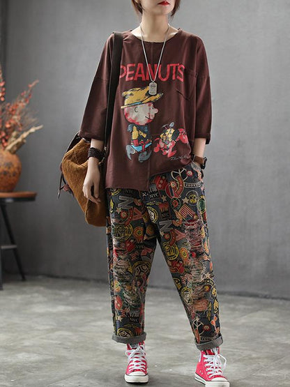 Printed Mess Style Hole-with Loose Pants
