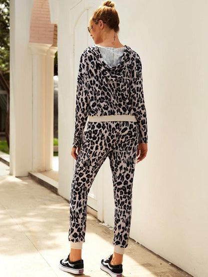 Leopard Drawstring Hoodie&Pants Suits
