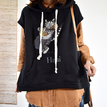 Buykud Casual Cartoon Cat Loose Sleeveless Hoodie