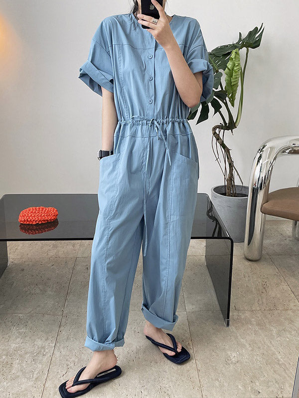 Urban Drawstring Elastic High Waisted Short Sleeves Wide Leg Jumpsuits