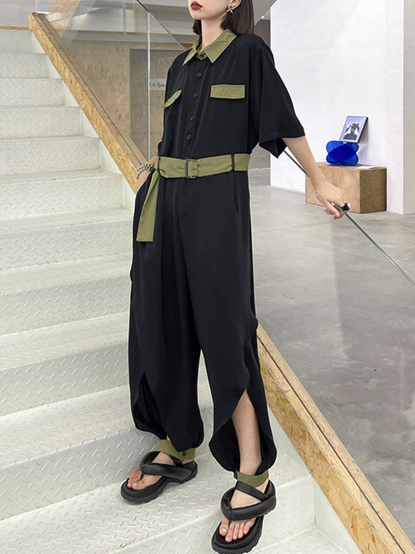 Stylish Belted Polo Collar Half Sleeve High-Waisted Jumpsuits