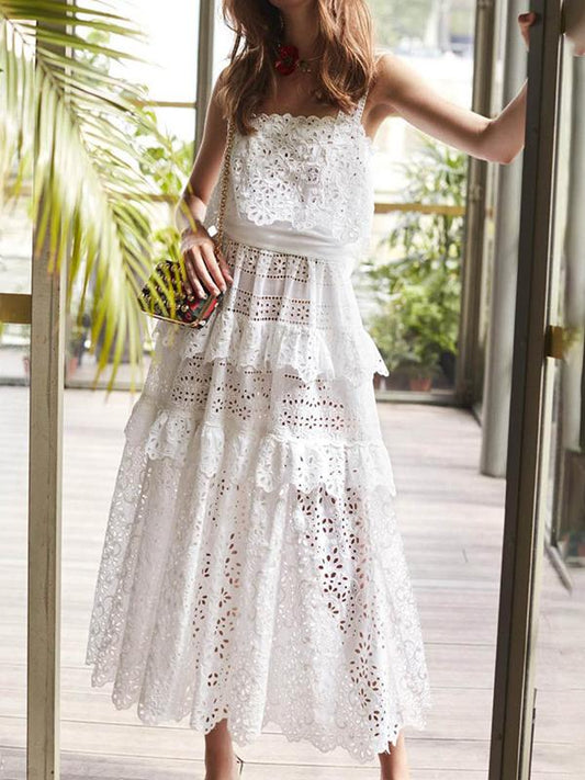 Sexy High Waist Hollow Lace Slip Cake Midi Dress