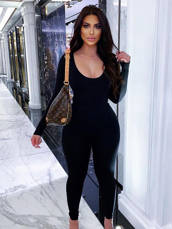 Solid Color Long Sleeves U-Neck Jumpsuits