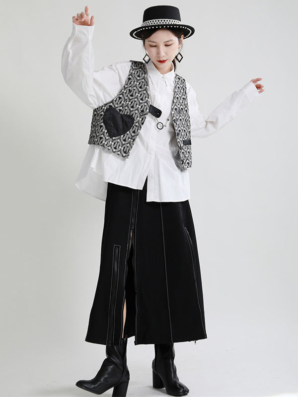 Original Irregular Solid Color Split-Joint Pleated Buttoned Lapel Collar Long Sleeves Blouse