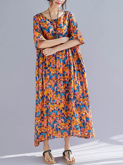 Plus Size Flower Print Round-neck Loose Long Dress