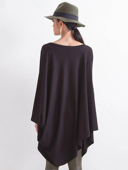 Simple Black Batwing Long Sleeve Loose Asymmetric T-Shirt