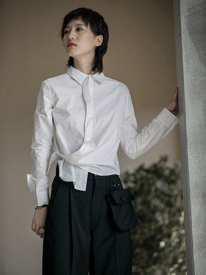 Urban Asymmetric Solid Color Buttoned Lapel Long Sleeves Blouse Tops